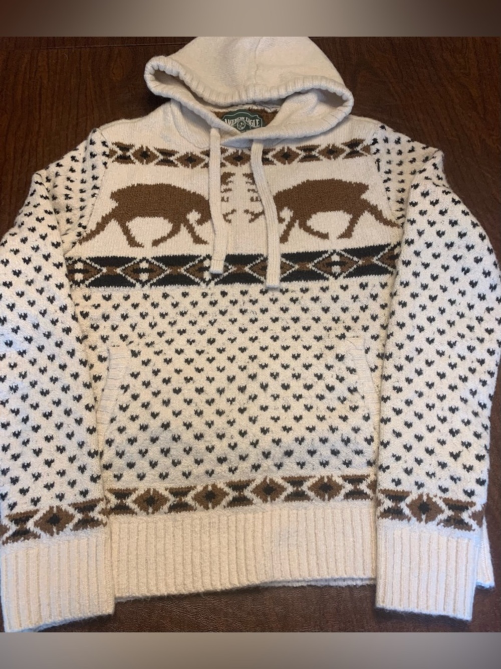 American Eagle Outfitters Hooded Fair Isle Knit Sweater with Moose Pattern